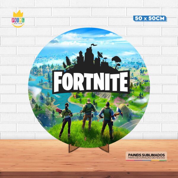 Painel Redondo 3D Fortnite Tecido 50cm X 50cm Com Suporte MDF
