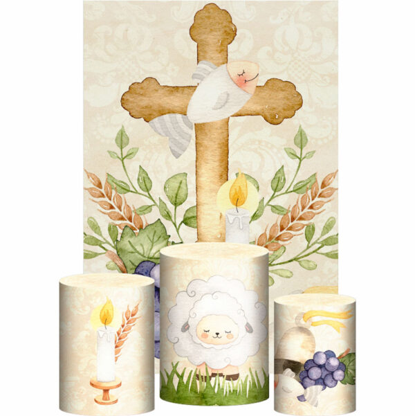 Kit Casado Jesus Aquarela Trio Capa Cilindro Retangular Tecido