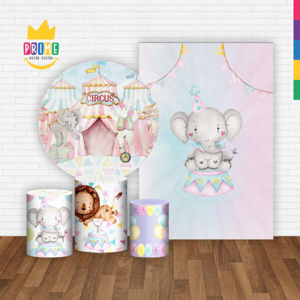 Kit Casado Circo Rosa Painel Redondo Trio Capas Cilindro Retangular Vertical Em Tecido - Image 2