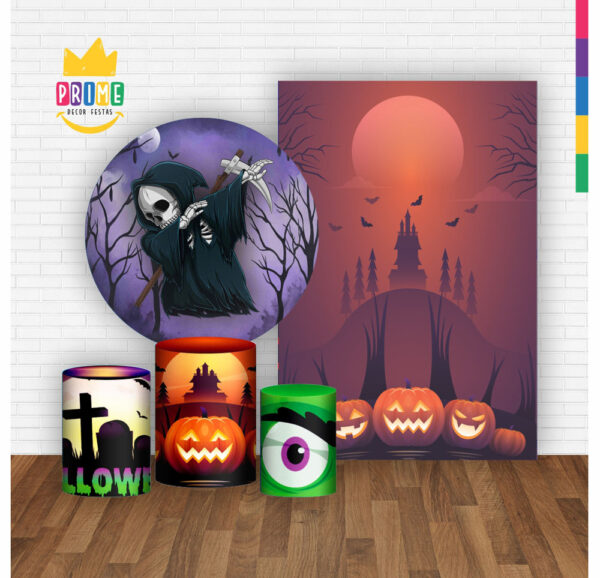 Kit Casado Halloween Painel Redondo Trio Capas Cilindro Retangular Vertical Em Tecido - Image 2
