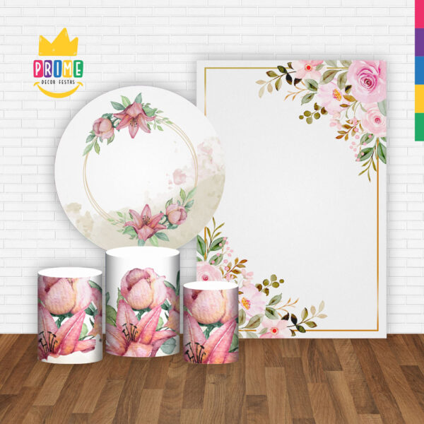 Kit Casado Floral  Painel Redondo Trio Capas Cilindro Retangular Vertical Em Tecido - Image 2