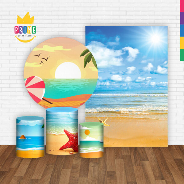 Kit Casado Praia Verão  Painel Redondo Trio Capas Cilindro Retangular Vertical Em Tecido - Image 2