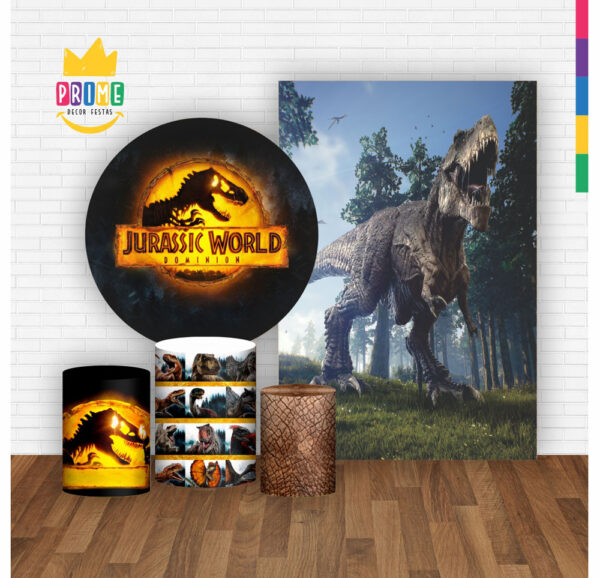 Kit Casado Jurassic World Painel Redondo Trio Capas Cilindro Retangular Vertical Em Tecido - Image 2