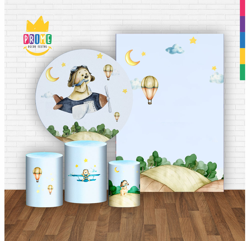 Kit Casado Ursinho Aviador Painel Redondo Trio Capas Cilindro Retangular Vertical Em Tecido - Imagem 2