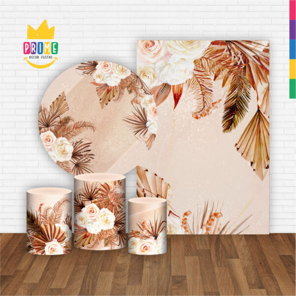 Kit Casado Floral Painel Redondo Trio Capas Cilindro Retangular Vertical Em Tecido - Image 2