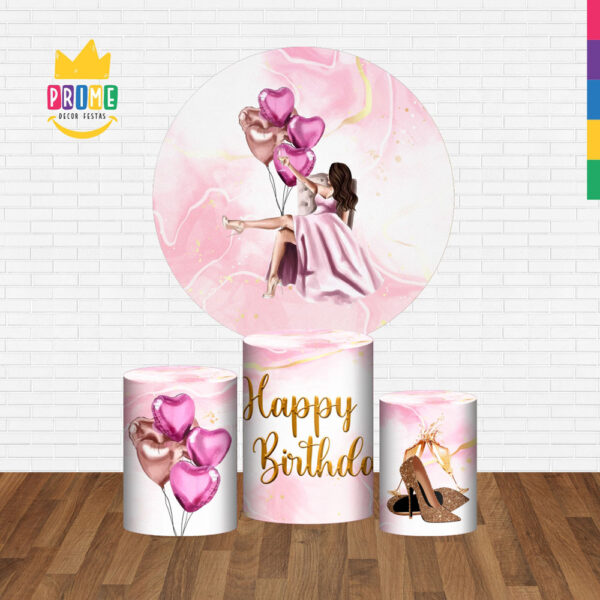 Trio Capa Cilindro + Painel Redondo 3D Feliz Aniversario Diva 1,50m Veste Fácil - Image 2