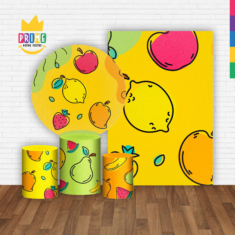 Kit Casado Frutas Painel Redondo Trio Capas Cilindro Retangular Vertical Em Tecido - Imagem 2