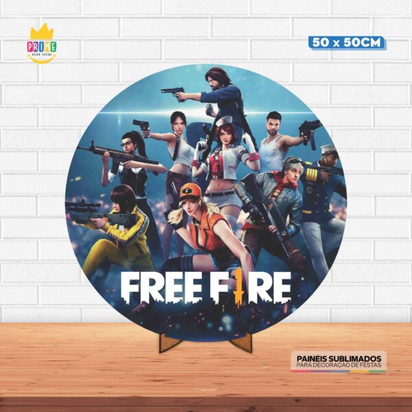 Painel Redondo 3D Free Fire Tecido 50cm X 50cm Com Suporte MDF