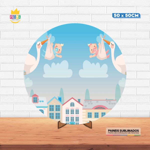 Painel Redondo 3D Chá Revelação Tecido 50cm X 50cm Com Suporte MDF