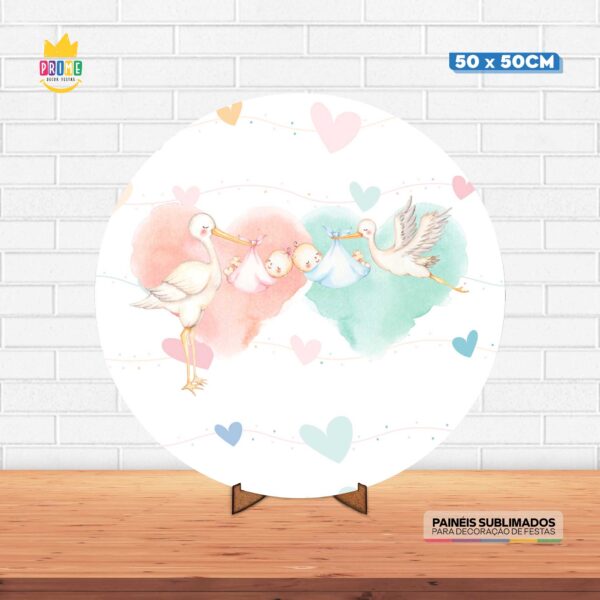 Painel Redondo 3D Chá Revelação Tecido 50cm X 50cm Com Suporte MDF