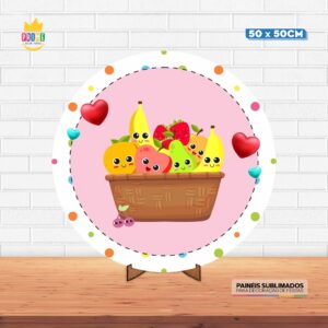 Painel Redondo 3D Frutinhas Tecido 50cm X 50cm Com Suporte MDF