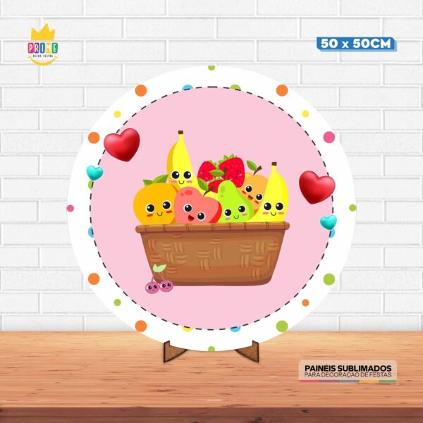 Painel Redondo 3D Frutinhas Tecido 50cm X 50cm Com Suporte MDF