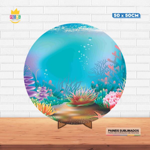 Painel Redondo 3D Fundo do Mar Tecido 50cm X 50cm Com Suporte MDF