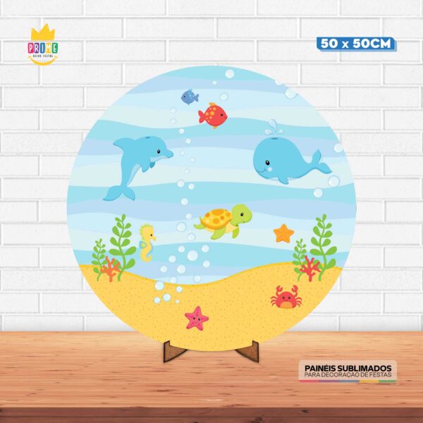 Painel Redondo 3D Fundo do Mar Tecido 50cm X 50cm Com Suporte MDF