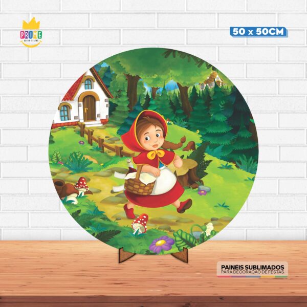 Painel Redondo 3D Chapeuzinho Vermelho Tecido 50cm X 50cm Com Suporte MDF