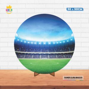 Painel Redondo 3D Futebol Tecido 50cm X 50cm Com Suporte MDF