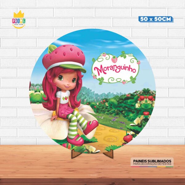 Painel Redondo 3D Moranguinho Tecido 50cm X 50cm Com Suporte MDF