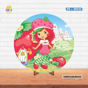 Painel Redondo 3D Moranguinho Tecido 50cm X 50cm Com Suporte MDF