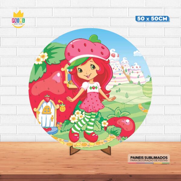 Painel Redondo 3D Moranguinho Tecido 50cm X 50cm Com Suporte MDF