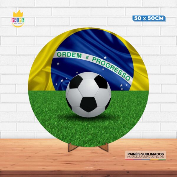 Painel Redondo 3D Futebol Tecido 50cm X 50cm Com Suporte MDF