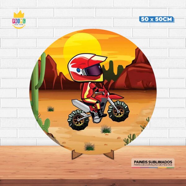 Painel Redondo 3D Motocross Cute Tecido 50cm X 50cm Com Suporte MDF