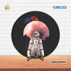 Painel Redondo 3D Galáxia Astronauta Tecido 50cm X 50cm Com Suporte MDF