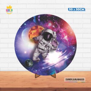 Painel Redondo 3D Galáxia Astronauta Tecido 50cm X 50cm Com Suporte MDF