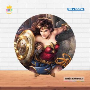 Painel Redondo 3D Mulher Maravilha Tecido 50cm X 50cm Com Suporte MDF