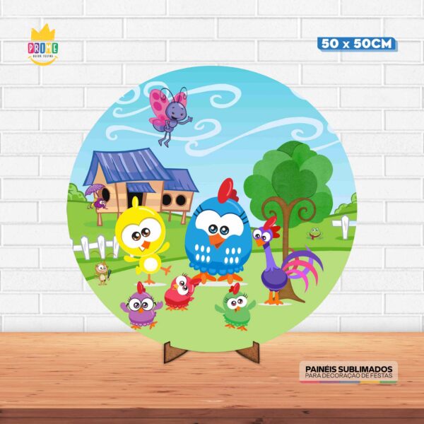 Painel Redondo 3D Galinha Pintadinha Tecido 50cm X 50cm Com Suporte MDF