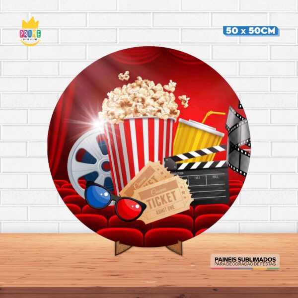 Painel Redondo 3D Cinema Tecido 50cm X 50cm Com Suporte MDF