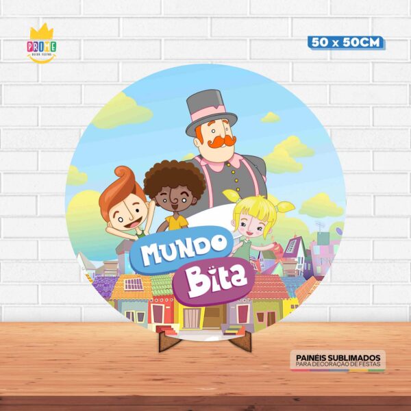 Painel Redondo 3D Mundo Bita Tecido 50cm X 50cm Com Suporte MDF