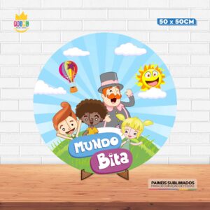 Painel Redondo 3D Mundo Bita Tecido 50cm X 50cm Com Suporte MDF