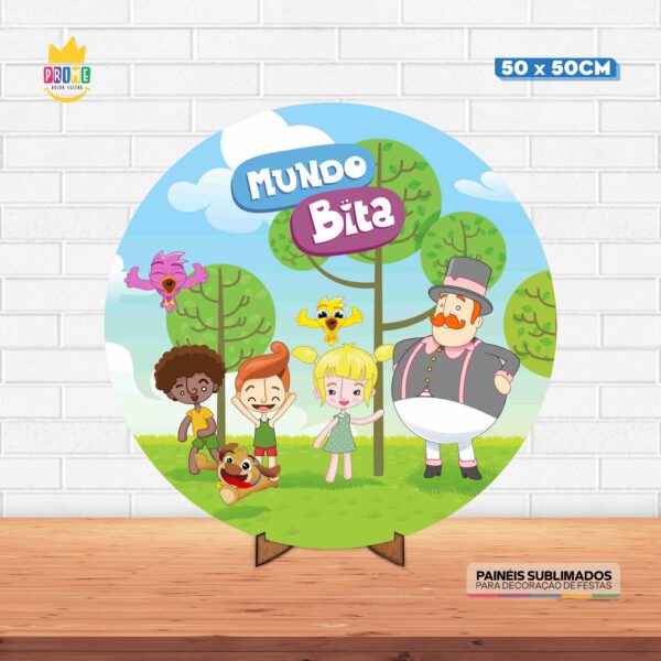 Painel Redondo 3D Mundo Bita Tecido 50cm X 50cm Com Suporte MDF