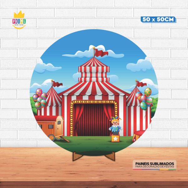 Painel Redondo 3D Circos Tecido 50cm X 50cm Com Suporte MDF