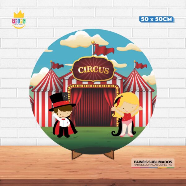 Painel Redondo 3D Circos Tecido 50cm X 50cm Com Suporte MDF