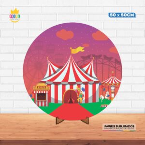 Painel Redondo 3D Circos Tecido 50cm X 50cm Com Suporte MDF