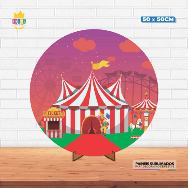 Painel Redondo 3D Circos Tecido 50cm X 50cm Com Suporte MDF