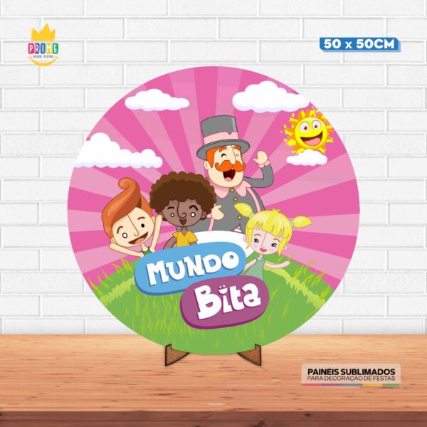 Painel Redondo 3D Mundo Bita Tecido 50cm X 50cm Com Suporte MDF