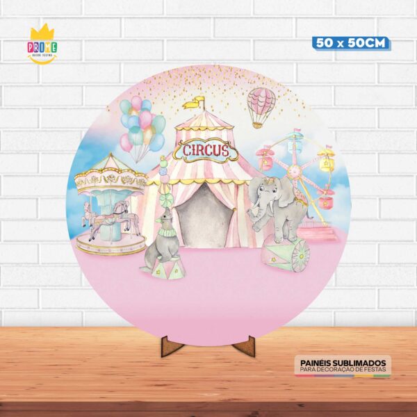 Painel Redondo 3D Circos Tecido 50cm X 50cm Com Suporte MDF