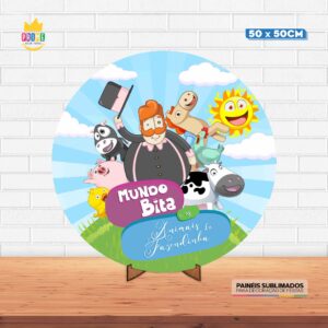 Painel Redondo 3D Mundo Bita Tecido 50cm X 50cm Com Suporte MDF