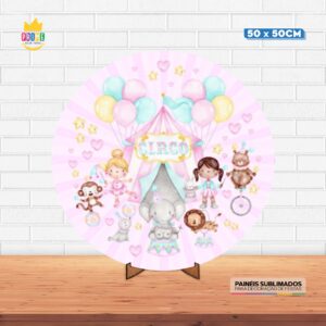 Painel Redondo 3D Circo Rosa Tecido 50cm X 50cm Com Suporte MDF