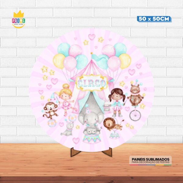 Painel Redondo 3D Circo Rosa Tecido 50cm X 50cm Com Suporte MDF