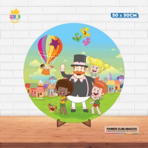 Painel Redondo 3D Mundo Bita Tecido 50cm X 50cm Com Suporte MDF