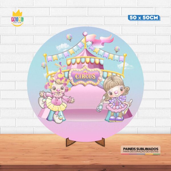 Painel Redondo 3D Circo Rosa Tecido 50cm X 50cm Com Suporte MDF