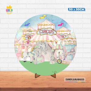 Painel Redondo 3D Circo Rosa Tecido 50cm X 50cm Com Suporte MDF