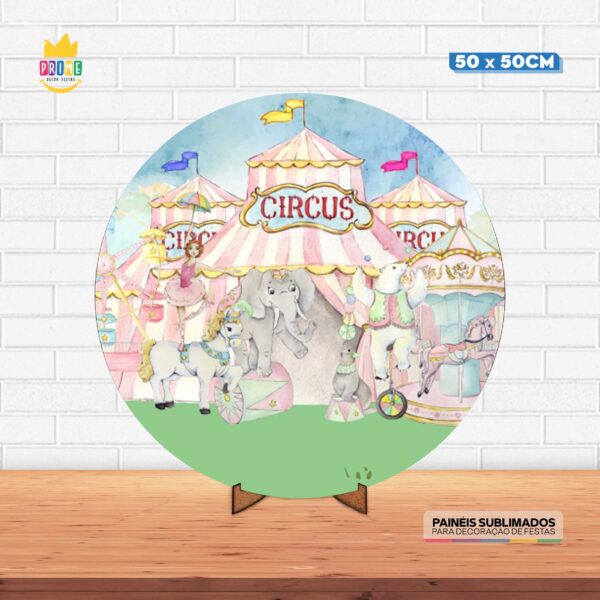 Painel Redondo 3D Circo Rosa Tecido 50cm X 50cm Com Suporte MDF