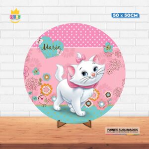 Painel Redondo 3D Gatinha Marie Tecido 50cm X 50cm Com Suporte MDF