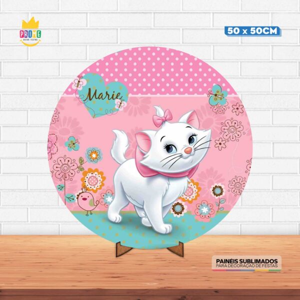 Painel Redondo 3D Gatinha Marie Tecido 50cm X 50cm Com Suporte MDF