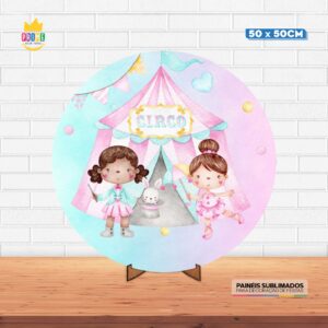 Painel Redondo 3D Circo Rosa Tecido 50cm X 50cm Com Suporte MDF