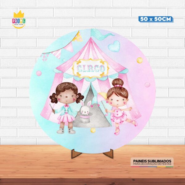 Painel Redondo 3D Circo Rosa Tecido 50cm X 50cm Com Suporte MDF
